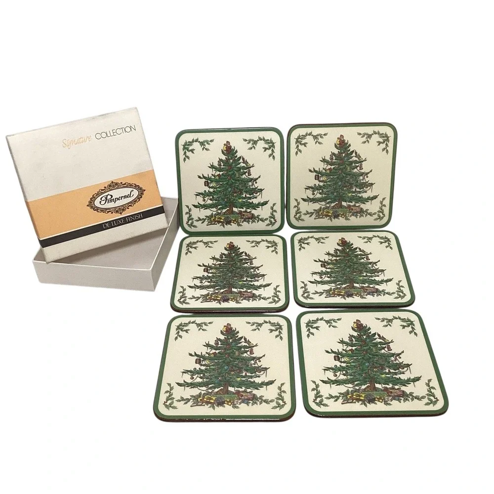 Pimpernel Spode Christmas Tree Coasters Set of 6 Cork Backed Made in England Box